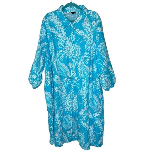 Talbots Plus Size 24W Blue White Paisley Print Linen Blend Button Down Dress - Picture 1 of 14